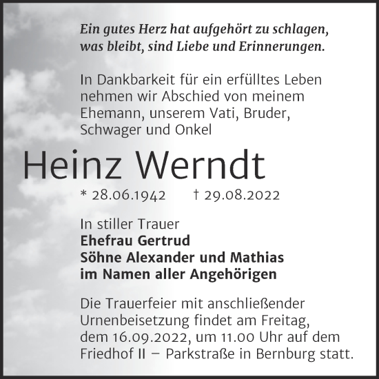 Traueranzeige von Heinz Werndt von Trauerkombi Bernburg