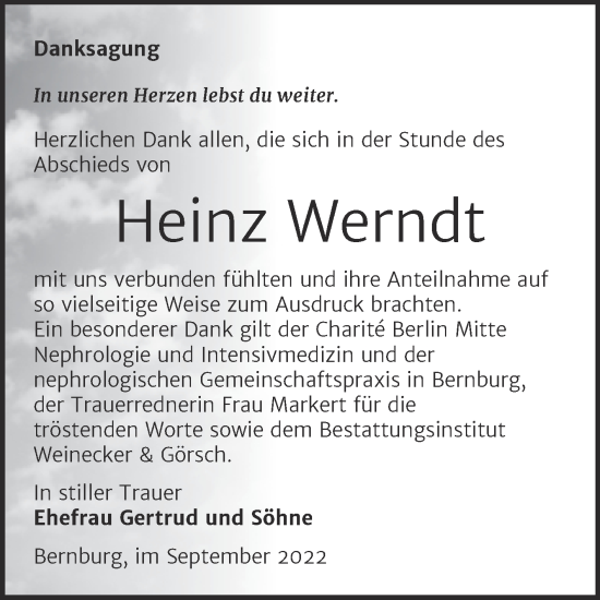 Traueranzeige von Heinz Werndt von Trauerkombi Bernburg