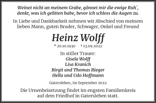 Traueranzeige von Heinz Wolff von Trauerkombi Aschersleben