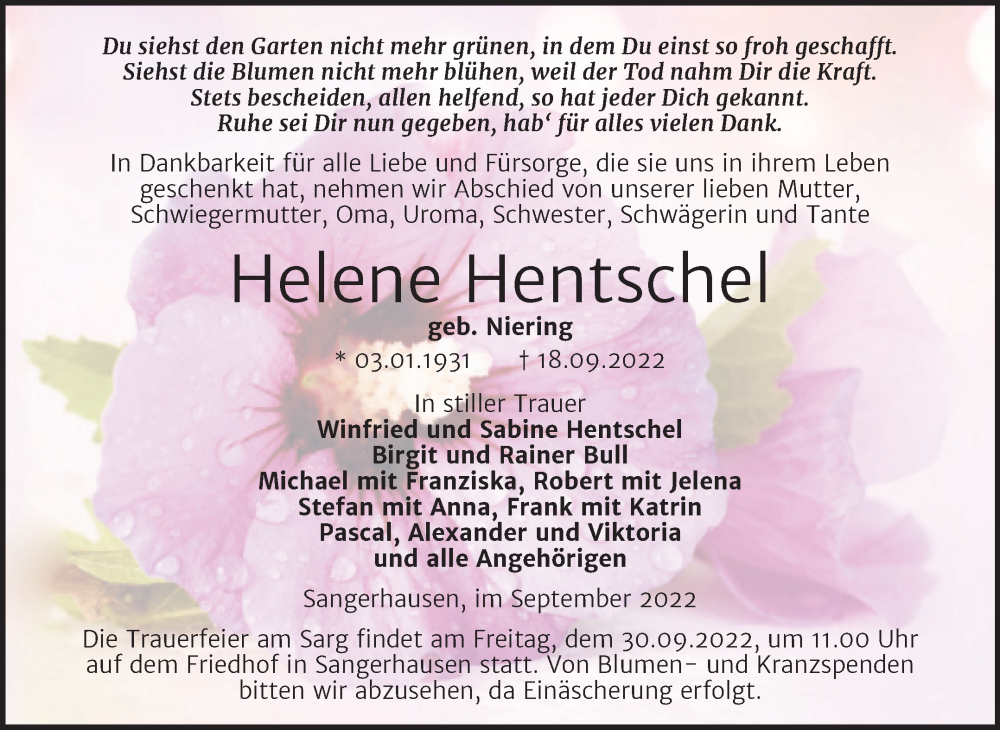  Traueranzeige für Helene Hentschel vom 24.09.2022 aus Trauerkombi Sangerhausen