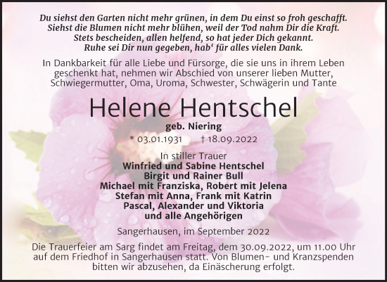 Traueranzeige von Helene Hentschel von Trauerkombi Sangerhausen