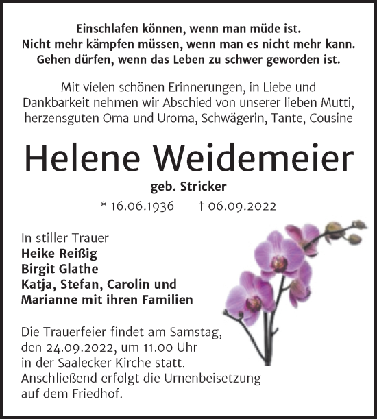 Traueranzeige von Helene Weidemeier von Wochenspiegel Naumburg/Nebra