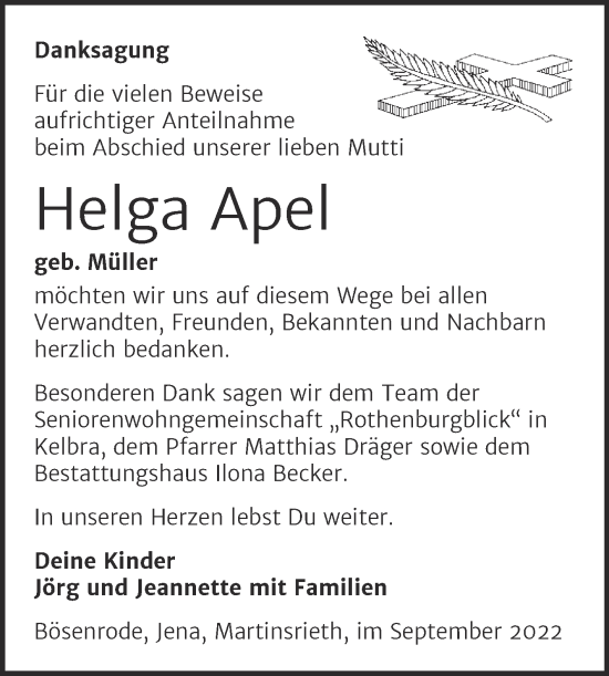Traueranzeige von Helga Apel von Trauerkombi Sangerhausen