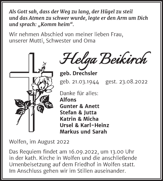 Traueranzeige von Helga Beikirch von Mitteldeutsche Zeitung Bitterfeld
