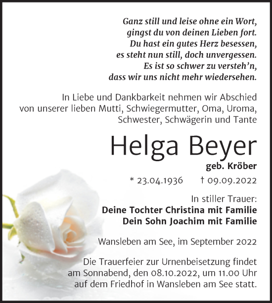 Traueranzeige von Helga Beyer von Trauerkombi Mansfelder Land