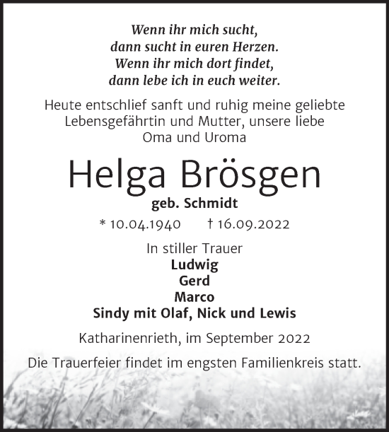 Traueranzeige von Helga Brösgen von Trauerkombi Sangerhausen