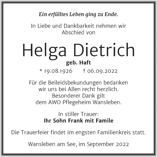 Traueranzeige von Helga Dietrich von Trauerkombi Mansfelder Land