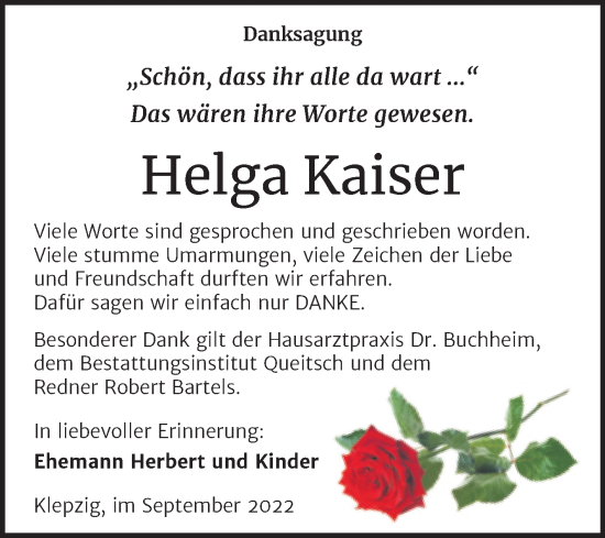 Traueranzeige von Helga Kaiser von Trauerkombi Köthen