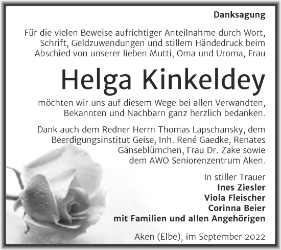 Traueranzeige von Helga Kinkeldey von Trauerkombi Köthen
