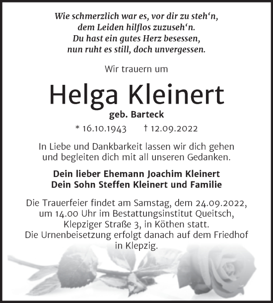 Traueranzeige von Helga Kleinert von Trauerkombi Köthen