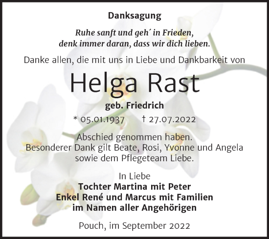 Traueranzeige von Helga Rast von Trauerkombi Bitterfeld