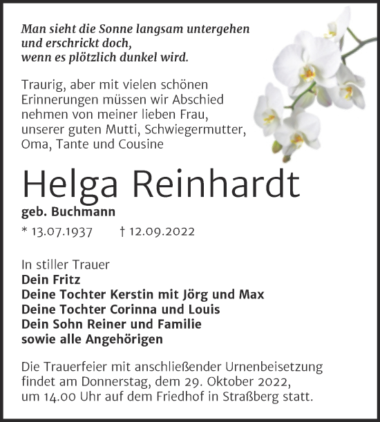 Traueranzeige von Helga Reinhardt von Trauerkombi Quedlinburg