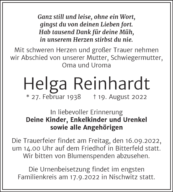 Traueranzeige von Helga Reinhardt von Trauerkombi Bitterfeld