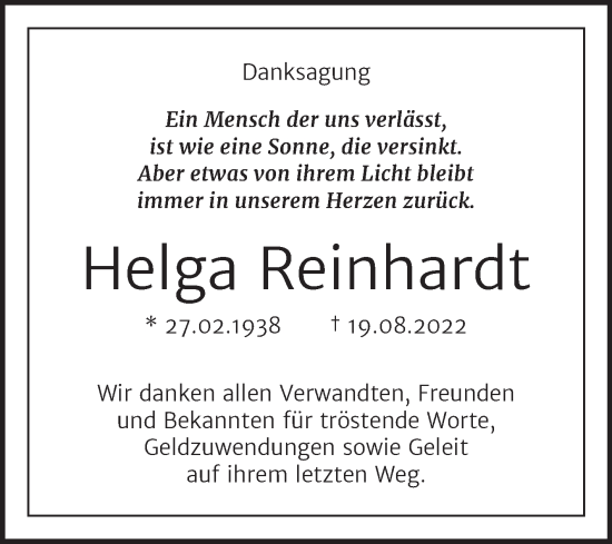 Traueranzeige von Helga Reinhardt von Trauerkombi Bitterfeld