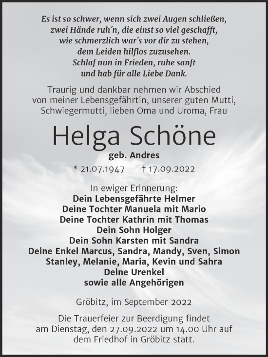 Traueranzeige von Helga Schöne von Trauerkombi Weißenfels
