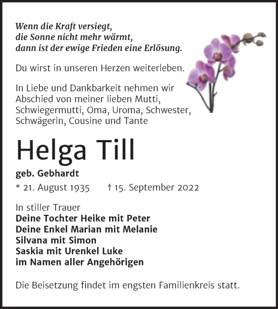 Traueranzeige von Helga Till von Mitteldeutsche Zeitung Halle/Saalkreis