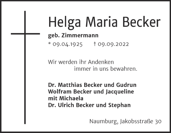 Traueranzeige von Helga Maria Becker von Naumburger Tageblatt