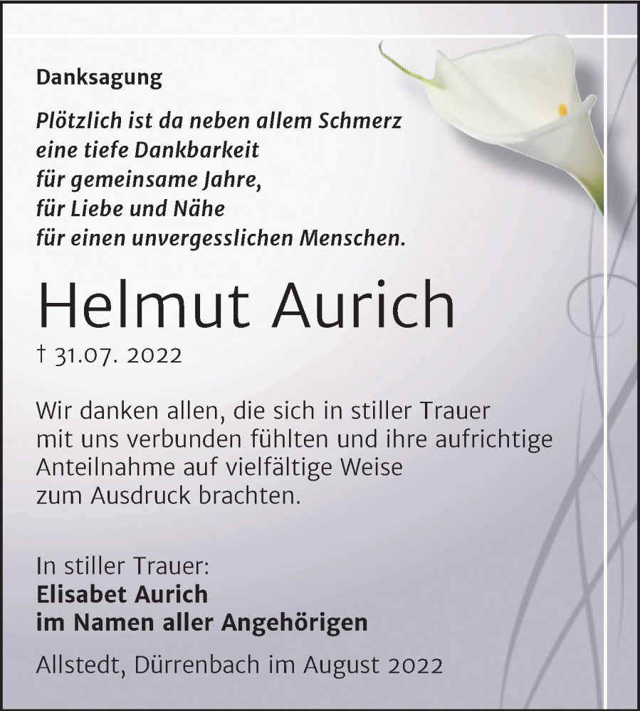  Traueranzeige für Helmut Aurich vom 03.09.2022 aus Trauerkombi Sangerhausen
