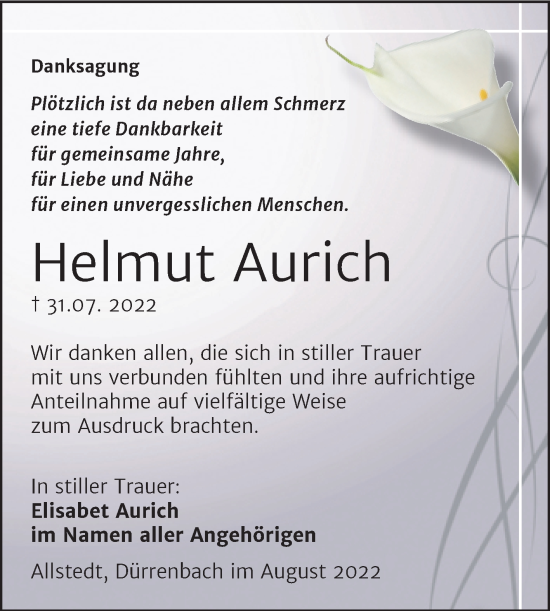 Traueranzeige von Helmut Aurich von Trauerkombi Sangerhausen