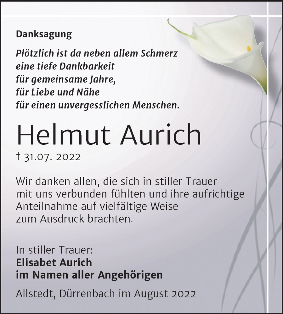  Traueranzeige für Helmut Aurich vom 02.09.2022 aus Trauerkombi Sangerhausen