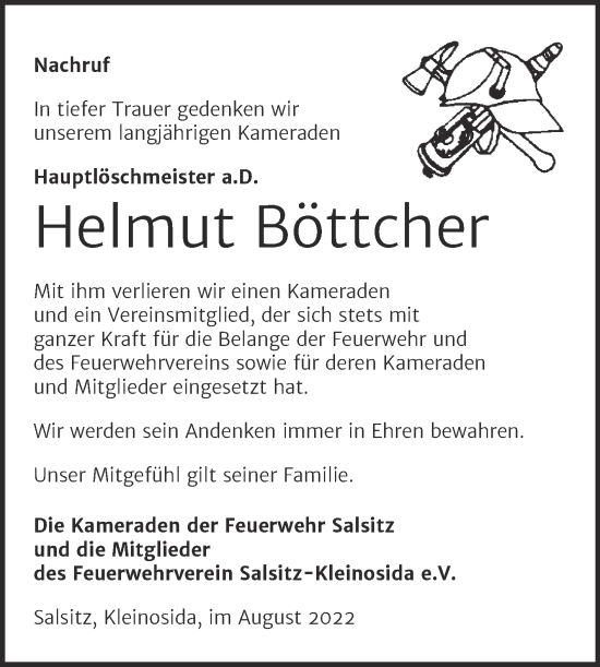 Traueranzeige von Helmut Böttcher von Trauerkombi Zeitz