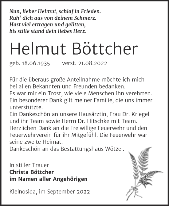 Traueranzeige von Helmut Böttcher von Trauerkombi Zeitz