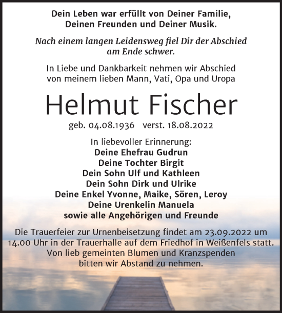 Traueranzeige von Helmut Fischer von Trauerkombi Weißenfels