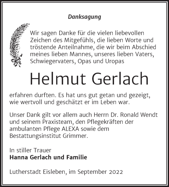 Traueranzeige von Helmut Gerlach von Trauerkombi Mansfelder Land
