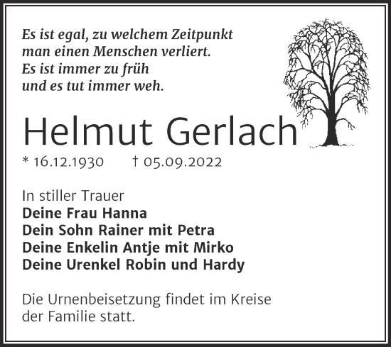 Traueranzeige von Helmut Gerlach von Mitteldeutsche Zeitung Mansfelder Land