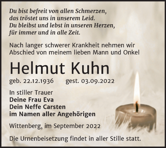 Traueranzeige von Helmut Kuhn von Trauerkombi Wittenberg