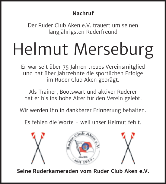 Traueranzeige von Helmut Merseburg von Super Sonntag Köthen