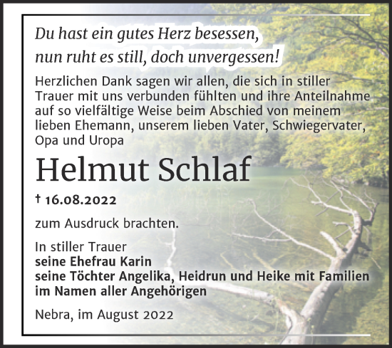 Traueranzeige von Helmut Schlaf von Wochenspiegel Naumburg/Nebra