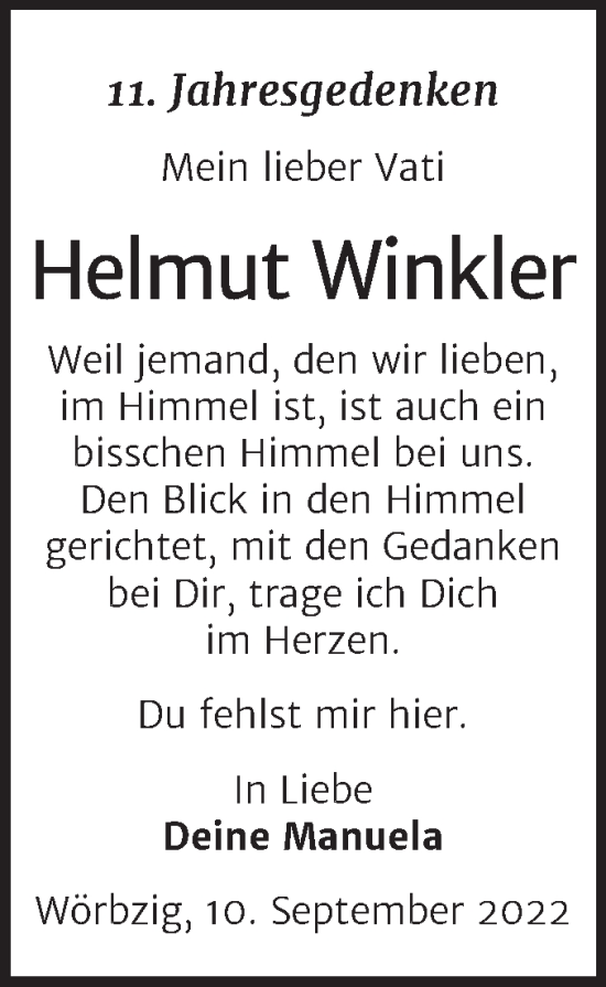 Traueranzeige von Helmut Winkler von Trauerkombi Köthen