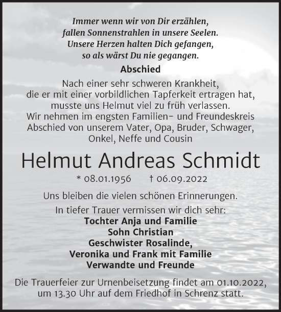 Traueranzeige von Helmut Andreas Schmidt von Trauerkombi Bitterfeld