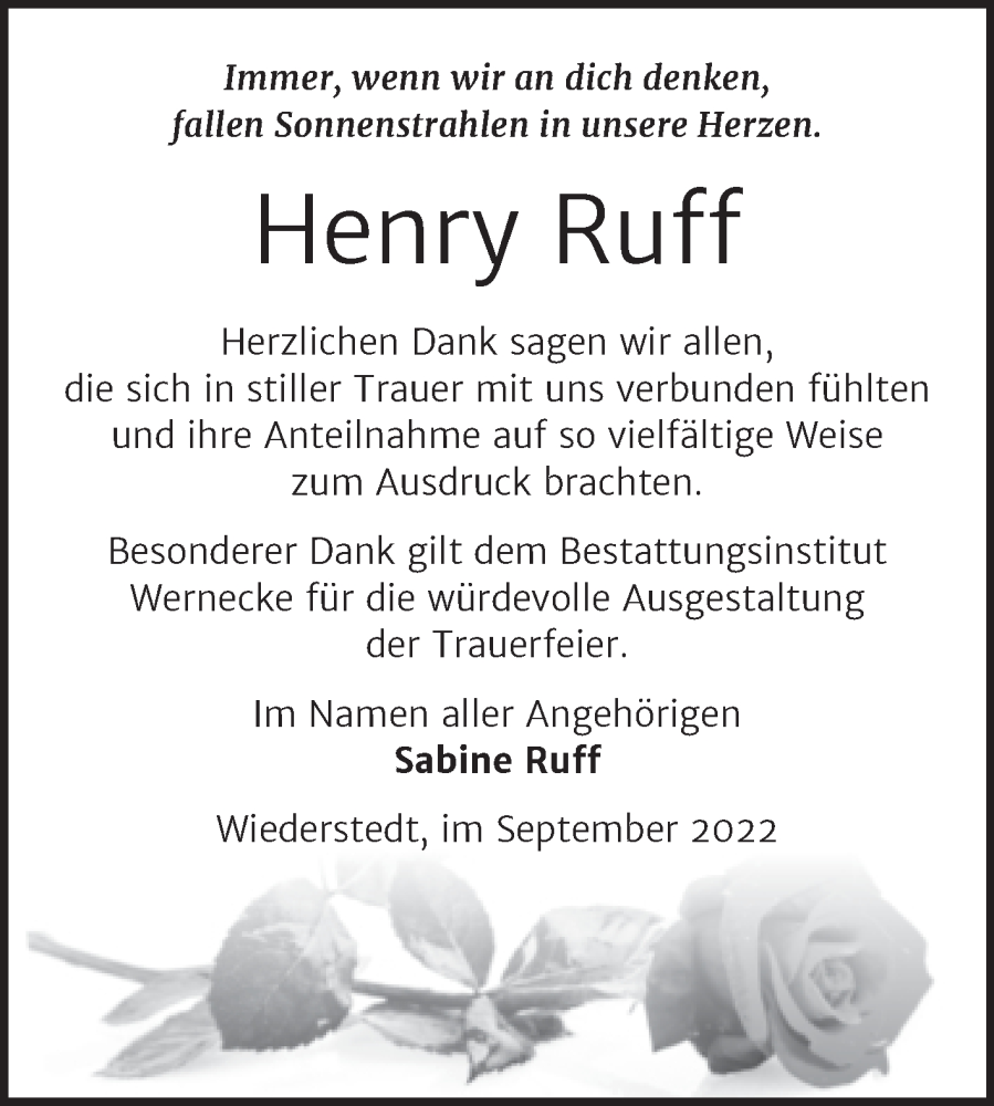  Traueranzeige für Henry Ruff vom 10.09.2022 aus Trauerkombi Mansfelder Land