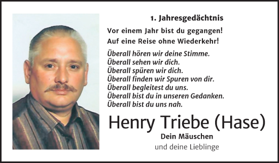 Traueranzeige von Henry Triebe von Trauerkombi Weißenfels