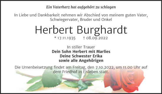 Traueranzeige von Herbert Burghardt von Trauerkombi Mansfelder Land
