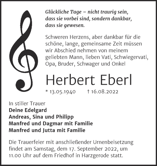 Traueranzeige von Herbert Eberl von Trauerkombi Quedlinburg