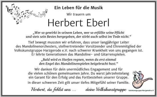 Traueranzeige von Herbert Eberl von Trauerkombi Quedlinburg