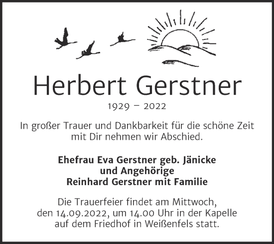 Traueranzeige von Herbert Gerstner von Trauerkombi Weißenfels