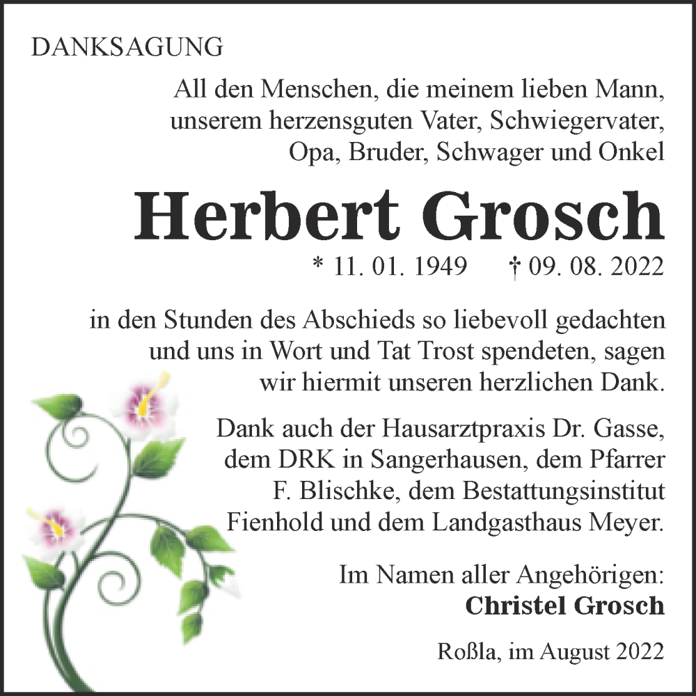  Traueranzeige für Herbert Grosch vom 10.09.2022 aus Trauerkombi Sangerhausen
