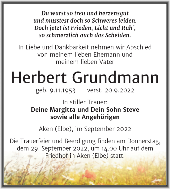 Traueranzeige von Herbert Grundmann von Trauerkombi Köthen