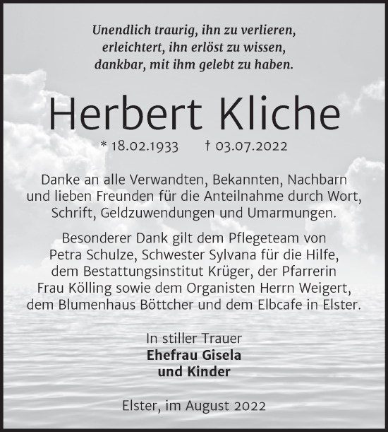 Traueranzeige von Herbert Kliche von Trauerkombi Wittenberg