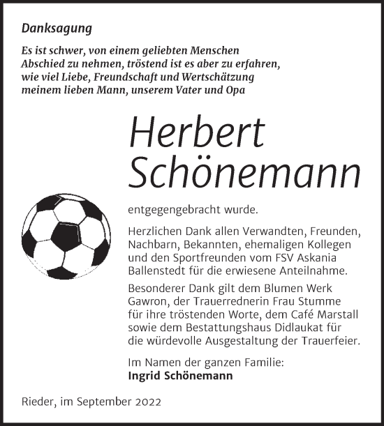 Traueranzeige von Herbert Schönemann von Trauerkombi Quedlinburg