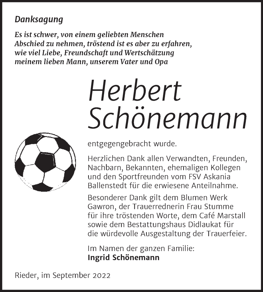  Traueranzeige für Herbert Schönemann vom 09.09.2022 aus Trauerkombi Quedlinburg