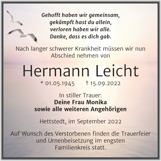 Traueranzeige von Hermann Leicht von Trauerkombi Mansfelder Land