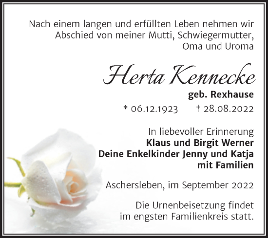 Traueranzeige von Herta Kennecke von Trauerkombi Aschersleben