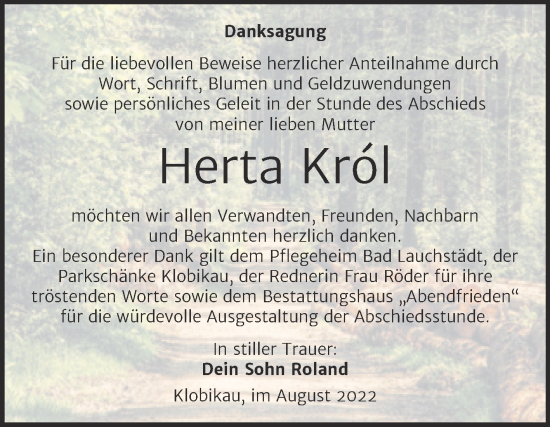 Traueranzeige von Herta Król von Trauerkombi Merseburg