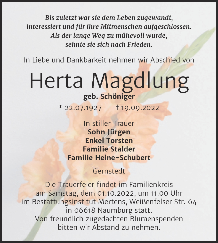  Traueranzeige für Herta Magdlung vom 23.09.2022 aus Naumburger Tageblatt
