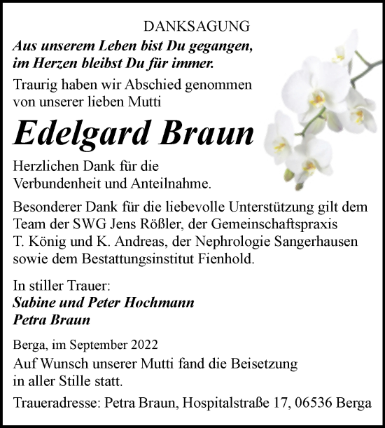 Traueranzeige von Herzlichen Dank für dieer von Trauerkombi Sangerhausen